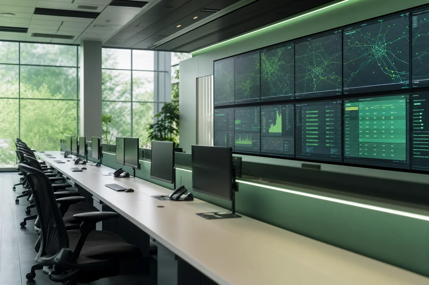 A transport operations centre with live routing and booking dashboards on screen